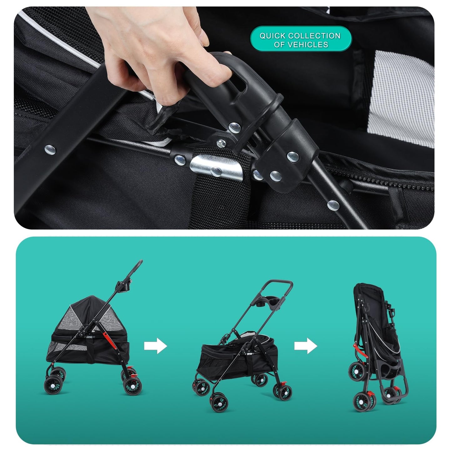 sxvbdway 4 Wheels Pet Stroller for Medium Small Dog up to 50lbs, Dog Cat Stroller, Outdoor Travel Pet Folding Strollers with Cup Holder, Detachable Carrier, Breathable Visible Mesh (Black Upgraded)
