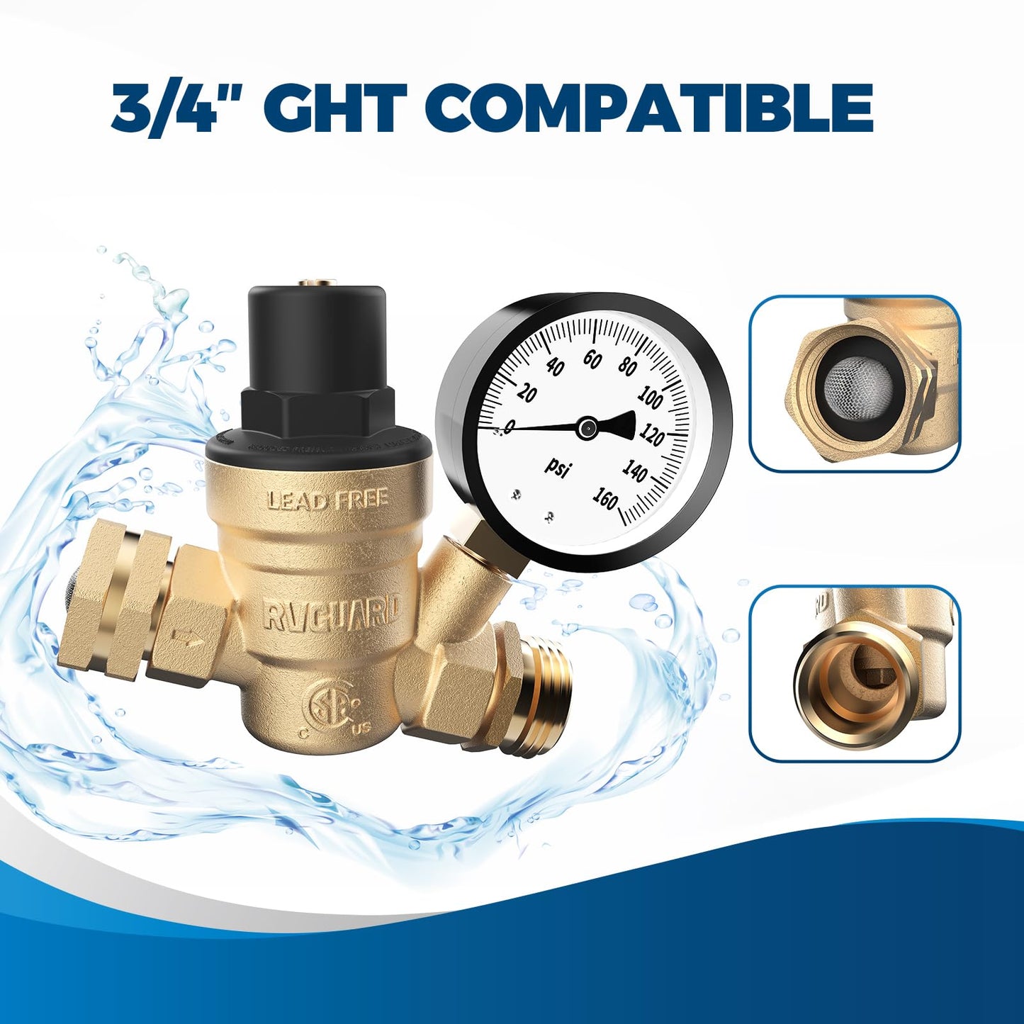 RVGUARD RV Water Pressure Regulator Valve, CSA Approved, Lead-Free Brass Adjustable Water Pressure Reducer with Gauge and Inlet Screen Filter for RV Camper Travel Trailer
