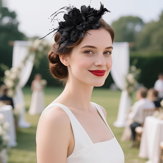 Womens Fascinators Hats Tea Party Hats for Women, Feather Pearl Veil Headband for Wedding Cocktail Dresses Accessories