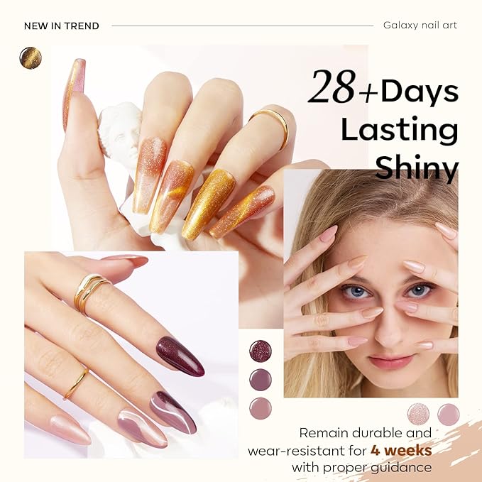 modelones Gel Nail Polish Set, 6 Colors Winter Nude Brown Gel Polish Glitter Burgundy Shiny Champagne Gold Magnetic Cat Eye Effect Sparkle Stunning Home Nail Art Kit Gift for Girl Women