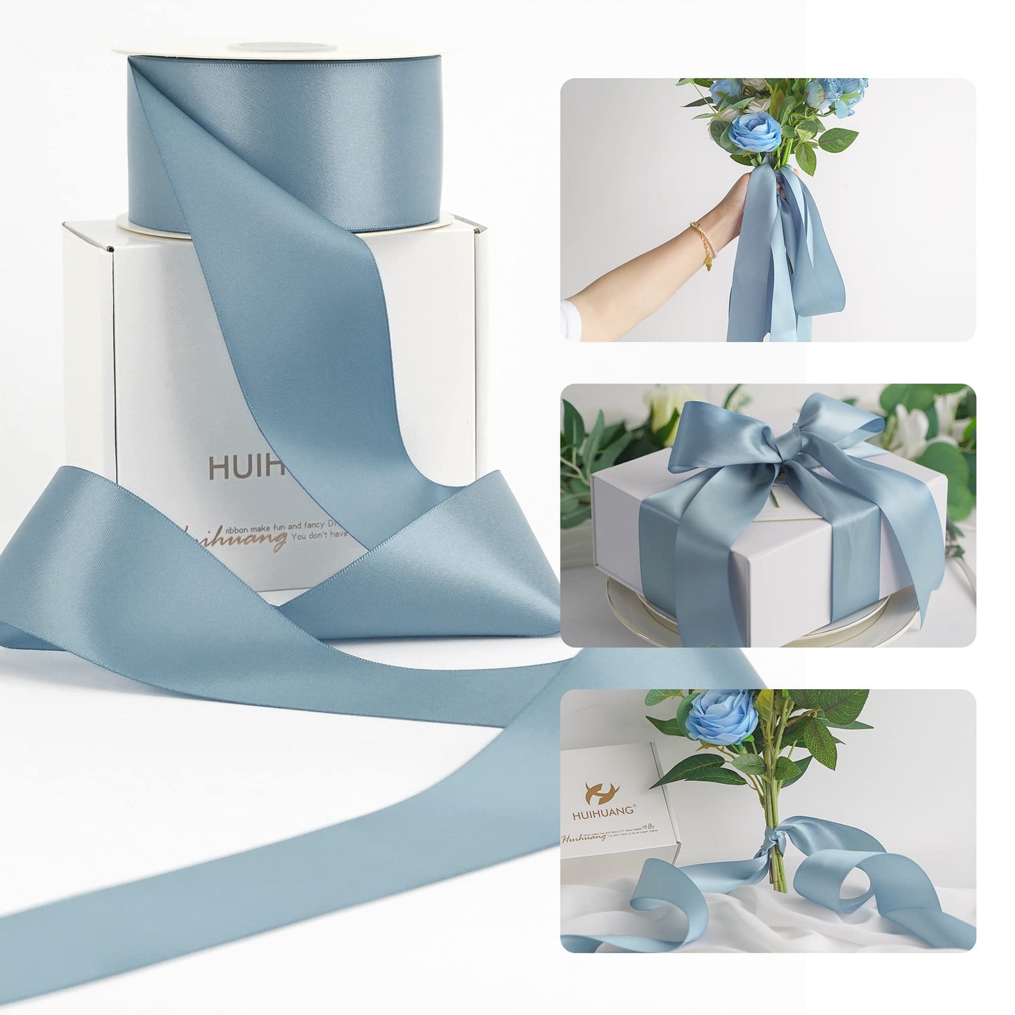 HUIHUANG Dusty Blue Ribbon 2 inch Wide Double Face Blue Satin Ribbon for Flower Bouquet, Dusty Blue Silk Satin Ribbons for Wedding Invitation, Gift Wrapping, Holiday Decor, Bows Making -25 Yards/Roll