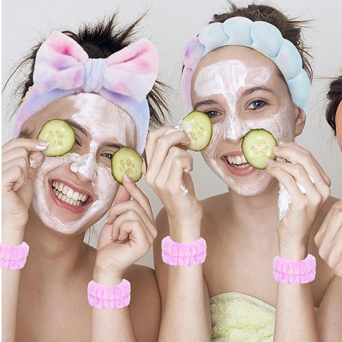 Semato Spa Headband and Wristband Set Skin Care Headband Fluffy Bow Face Wash Headband Hair Accessories Bubble Sponge Spa Headband for Women and Girls (tie dye-purple)