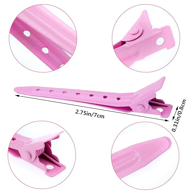 24 Packs Duck Bill Clips, Bantoye 2.75 Inches Rustproof Metal Alligator Curl Clips with Holes for Hair Styling, Hair Coloring, Pink