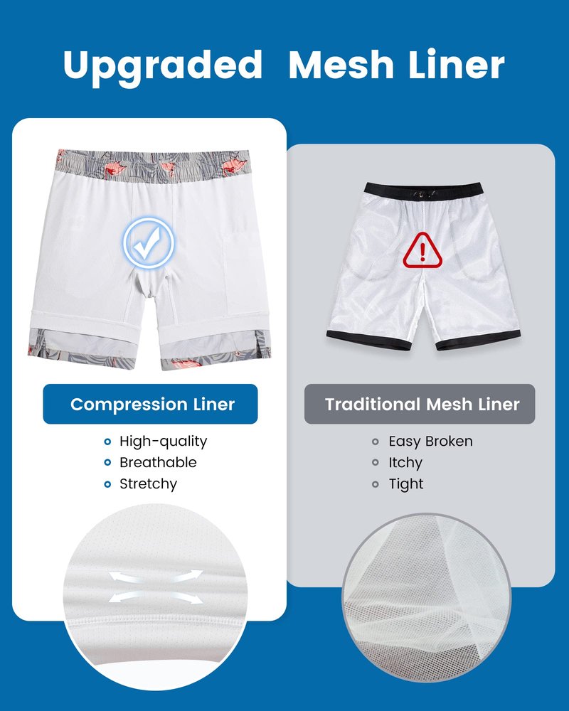 maamgic Mens Swim Trunks with Compression Liner 7 Inch Inseam Mens Bathing Suit Quick Dry Swimming Trunks Swimsuit Flamingo Gray White Medium