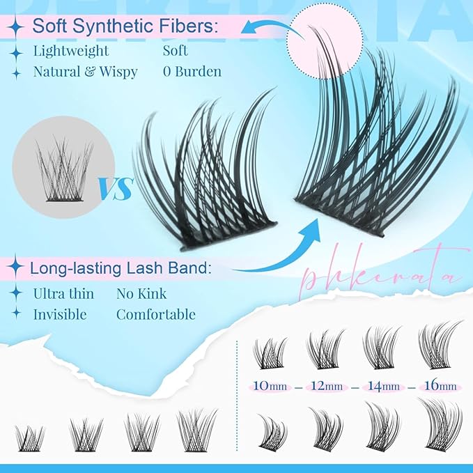 PHKERATA Natural Lash Extension Kit Wispy Lash Clusters Kit Lashes Clusters C Curvature Cluster Eyelash Extension DIY Cluster Lashes with Lash Bond Seal Lash Glue Remover Tweezers Individual Lashes