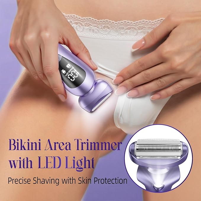rategist Cordless Electric Razors for Women: Rechargeable Painless Bikini Trimmer for Body Hair - IPX7 Waterproof Shaver with LED Display for Face/Underarm/Leg Deep Purple