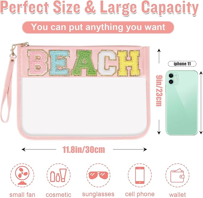 Izuzta Chenille Letter Clear Bag Beach Purse, Monogram PVC & PU Zipper Pouch with Wristlet, Waterproof Portable Glitter Snacks Makeup Toiletry Bag for Women Girls (BEACH-Pink)