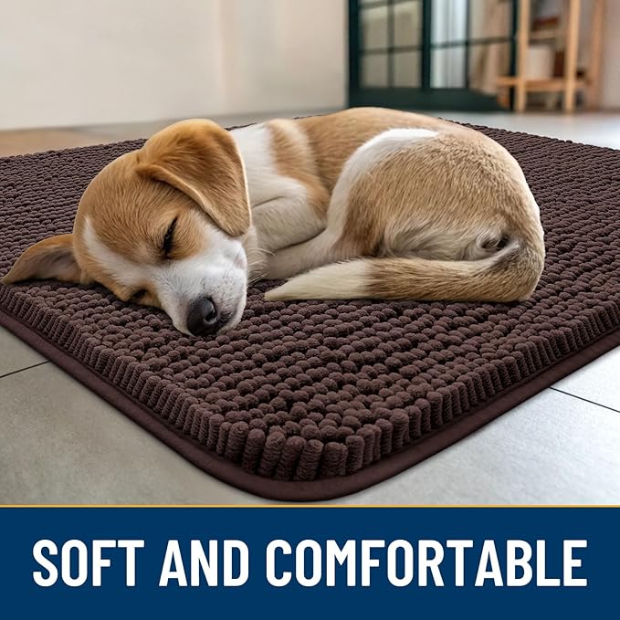 Smiry Dog Door Mat for Muddy Paws 34x21, Absorbs Moisture and Dirt Doormat, Non-Slip Washable Quick Dry Chenille Front Door Mat Indoor Entrance, Entryway Carpet for Inside Floor, Brown