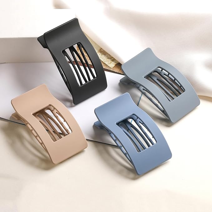 4 Pack Large Flat Hair Clips for Women, Rectangle Matte Non-slip Lay Down Claw Clips, French Strong Hold No Crease Barrettes for Thick & Thin Hair, Stylish Square Hair Accessories (Blue)