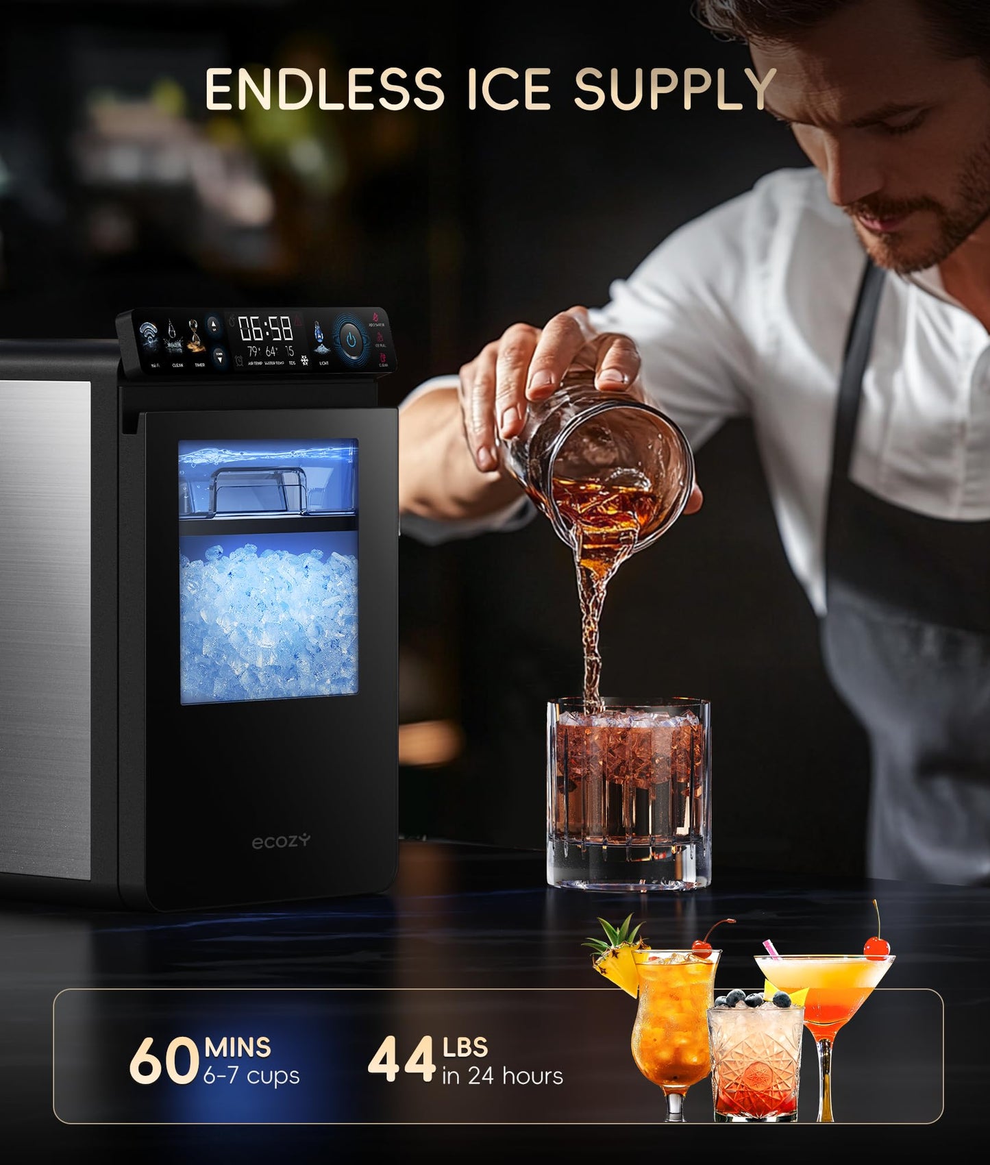 ecozy Smart Nugget Ice Maker Countertop, First Full-Color Smart Panel Ice Machine with APP Control, Double-Layer Insulation, 44 lbs/24H Soft Pellet Chewable Ice, Pull-Out Water Tank, Self-Cleaning