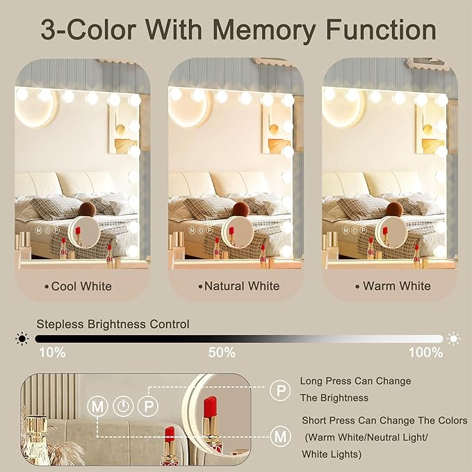 Hollywood Vanity Mirror with Lights, 24 Dimmable Bulbs, 3 Color Lights,Make Up Lighted Mirror, Aluminum Metal Frame, USB Charging Port（48" x 30"）