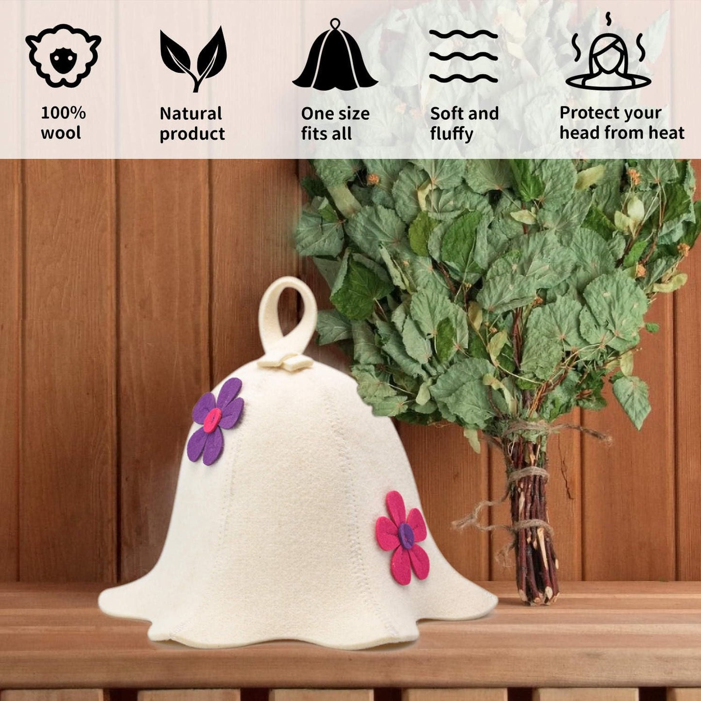 Halsa Sauna Hat, Natural Wool Sauna Cap for Men and Women | Flowers | Eco-Friendly Insulating Headgear for Spa, Steam Room, Banya, Bathhouse | Comfortable, Breathable, Handmade | One Size Fits All