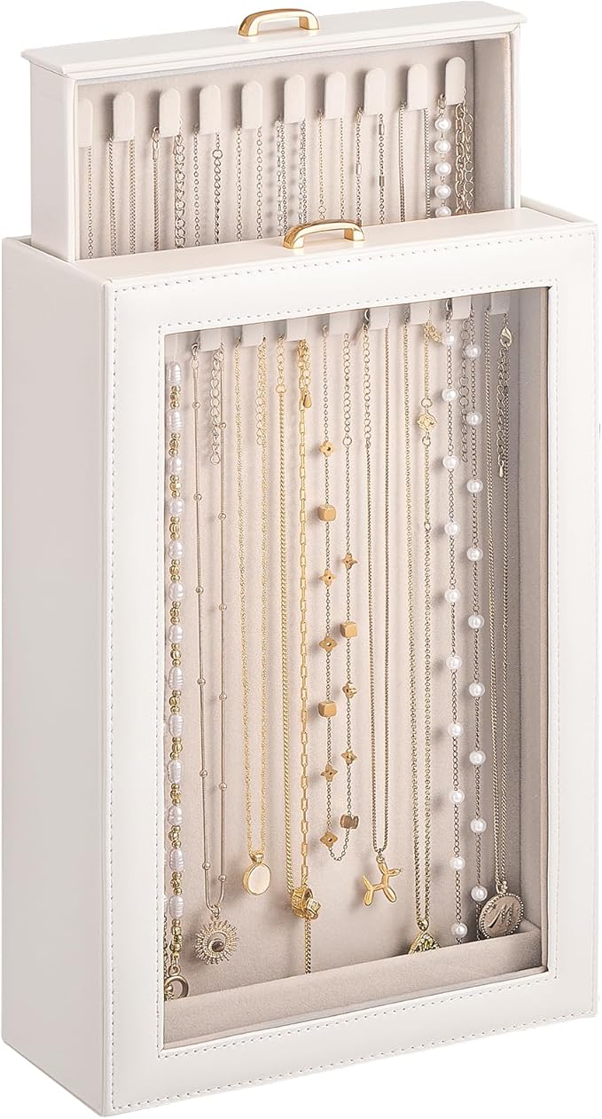 Lolalet Necklace Organizer Box, Jewelry Storage Box with Clear Window for Necklaces Bracelets, Tangle-Free Necklace Display Case for Women Girls -White, 2 Layers 20 Hooks