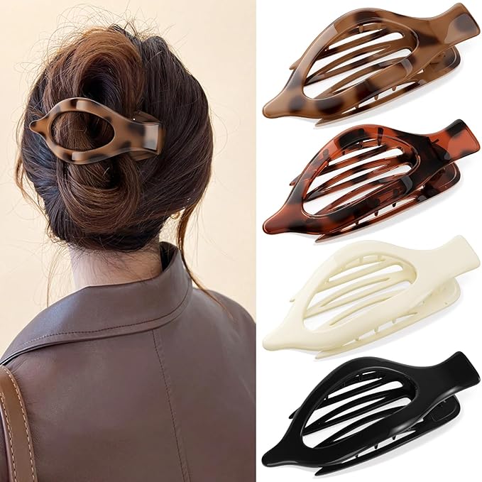 4 PCS Large Flat Hair Clips for Women Girls, French Concord Lay Down Claw Clips Strong Hold for Thick Thin Hair, Comfortable Curved Flat Clip, Leopard Print Stylish Hair Accessories, Tortoise