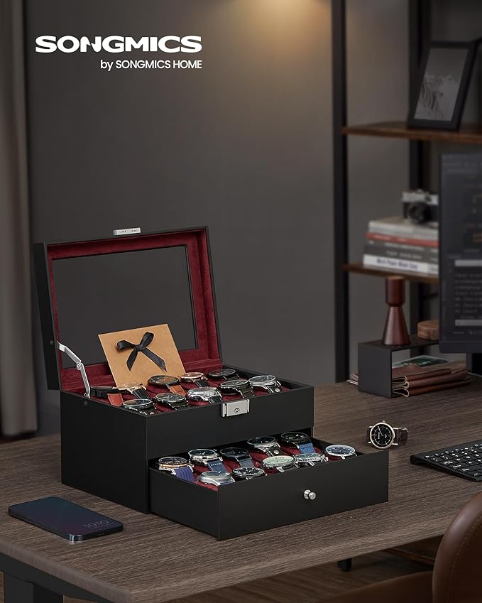 SONGMICS Watch Box, 20-Slot Watch Case Organizer with Large Glass Lid, Removable Pillows, Metal Lock, Gift for Loved Ones, Black Synthetic Leather, Wine Red Lining UJWB020R01