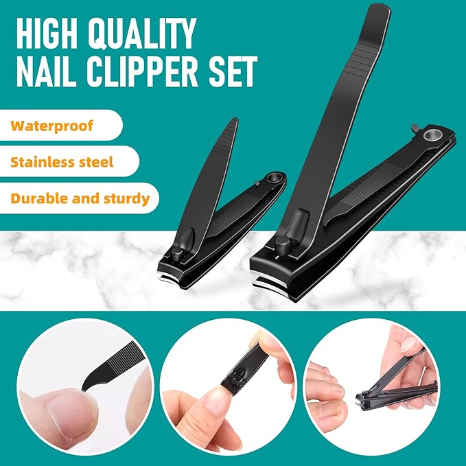 Nail Clippers Set, Heavy Duty Black Matte Stainless Steel Nail Clipper with Nail File,Fingernail and Toenail Clipper Cutters, Nail Clipper Tools Gift for Men & Women