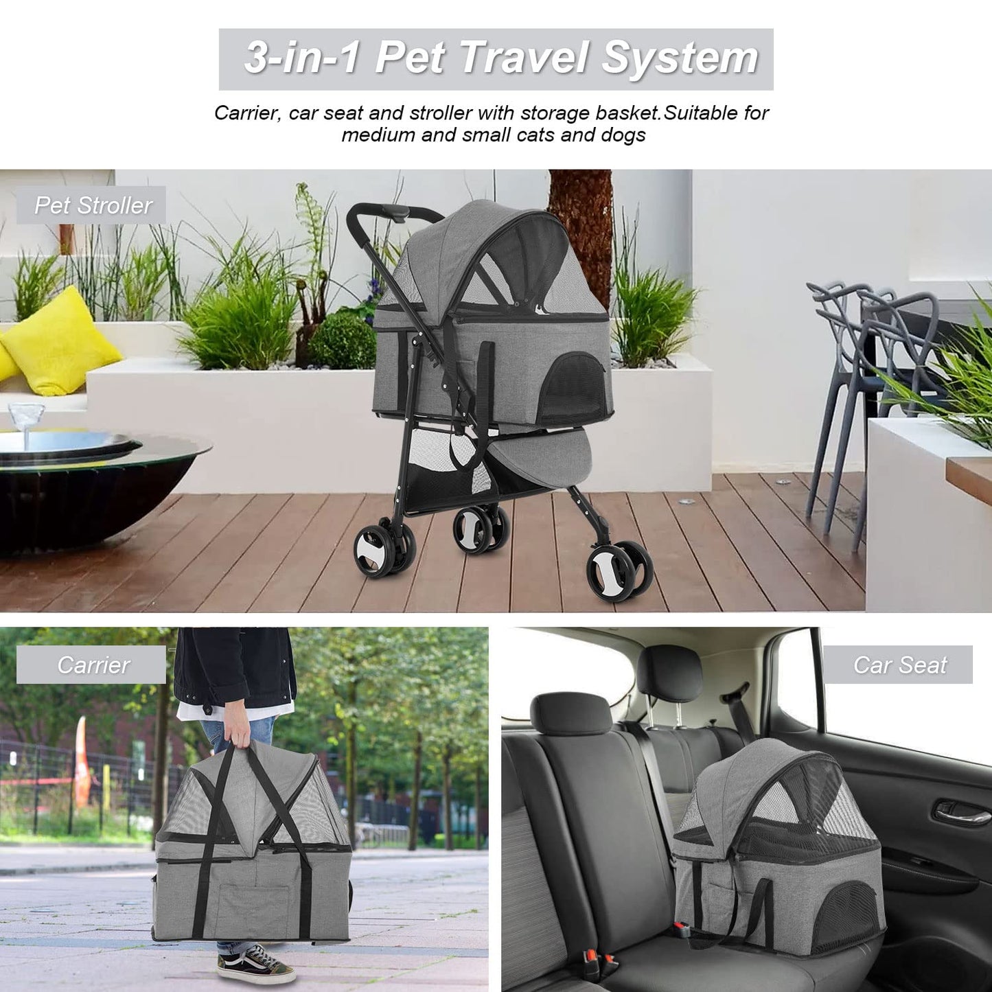 BestPet 3-Wheels Pet Stroller - Dog & Cat Premium 3-in-1 Multifunction Detachable Carrier Lightweight Folding Travel Stroller, Grey