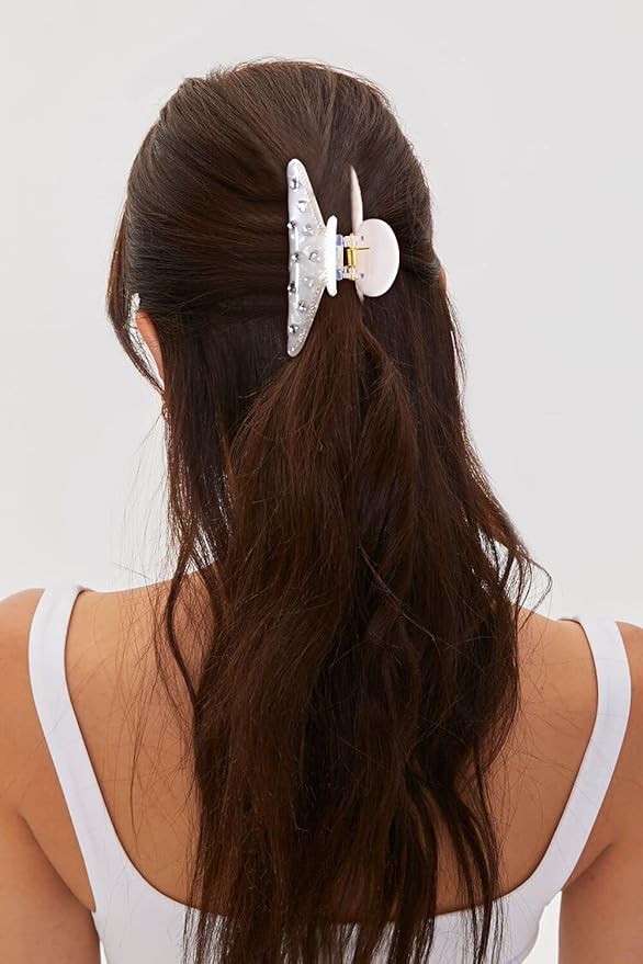 LILIE&WHITE Ivory Acrylic Hair Clip with Heart Shape Rhinestones, Medium Size, 2 Pieces, Women's Hair Accessory