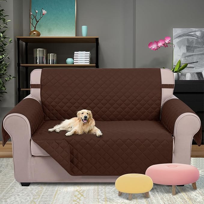 U-NICE HOME Loveseat Sofa Cover Reversible Couch Covers for 2 Cushion Couch for Dogs Furniture Protector Cover with Elastic Straps Water Resistant(Loveseat Small, Brown/Brown)