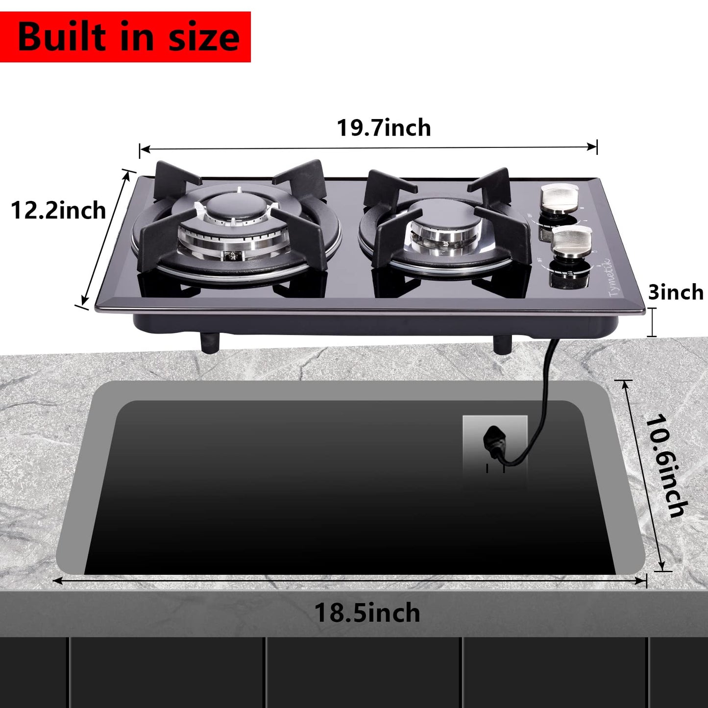 Tymetik 12 Inch Gas Cooktop - 2 Burner Built-in Stovetop with Tempered Glass, LPG/NG Convertible Dual Fuel, Ideal for RVs, Apartments, Outdoor