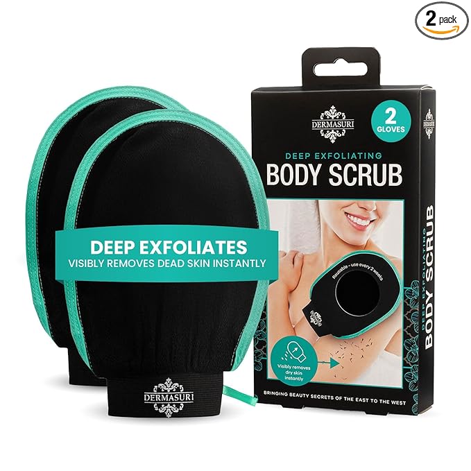 Dermasuri - Deep Exfoliating Glove - Korean Exfoliating Mitt & Body Scrubber - Keratosis Pilaris Treatment Scrub - Self Tanner Mitt & Ingrown Hair Exfoliator - Shower Gloves for Women & Men - (2 Pack)