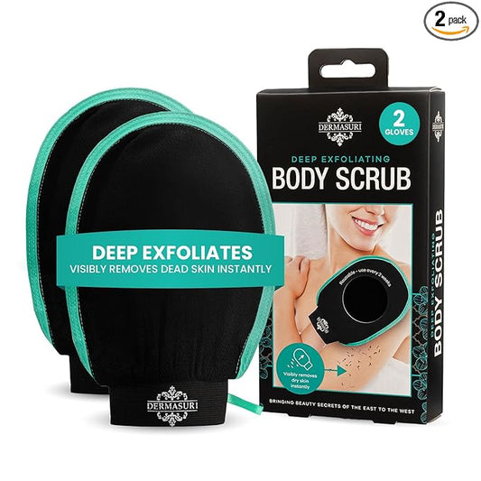 Dermasuri - Deep Exfoliating Glove - Korean Exfoliating Mitt & Body Scrubber - Keratosis Pilaris Treatment Scrub - Self Tanner Mitt & Ingrown Hair Exfoliator - Shower Gloves for Women & Men - (2 Pack)