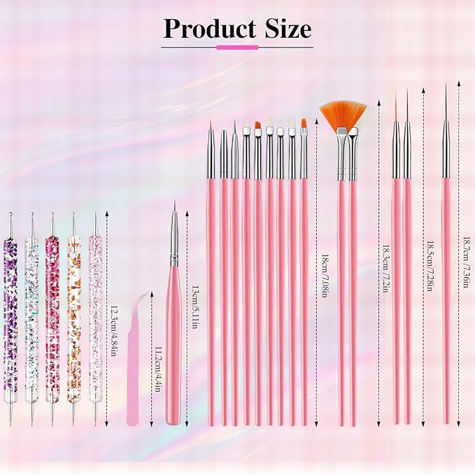 Nail Art Tools Set, Nail Art Kit for Beginners: 15 professional nail brushes for nail art, 5 precision dotting tools, 1 pink curved tweezers, Design Tools for Nail Tech & Beginners