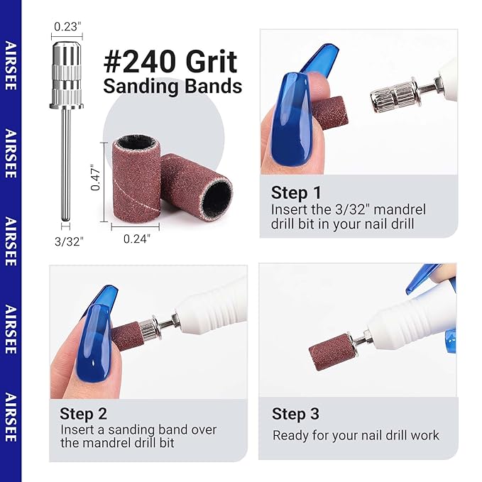 AIRSEE Sanding Bands for Electric Nail Drill 100 Piece Set 240 Grit Fine Acrylic File Attachments Professional Sander 1 Mandrel Bit Beauty Salon Accessories Manicure and Pedicure Finger Callus Brown