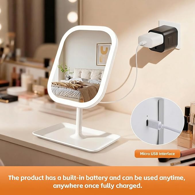 Touch-Sensitive Controls Vanity mirrorr, Makeup Mirror with LED Light, 2400mAh Rechargeable, 270-degree Rotation Adjustment,Beauty Vanity Mirror with Lights， Portable Travel, White, 3 Light Color