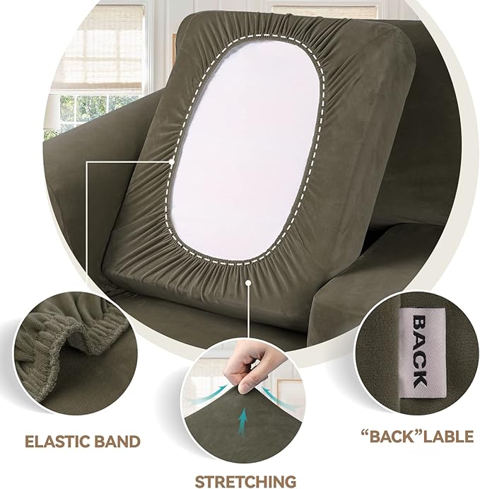 WEERRW 4 Pieces Velvet High Stretch Couch Covers for 3 Cushion Couch Sofa Slipcovers, Washable Furniture Protector with Non Slip Elastic Bottom, Feature Soft and Thick Plush Fabric, Light Brown, Large