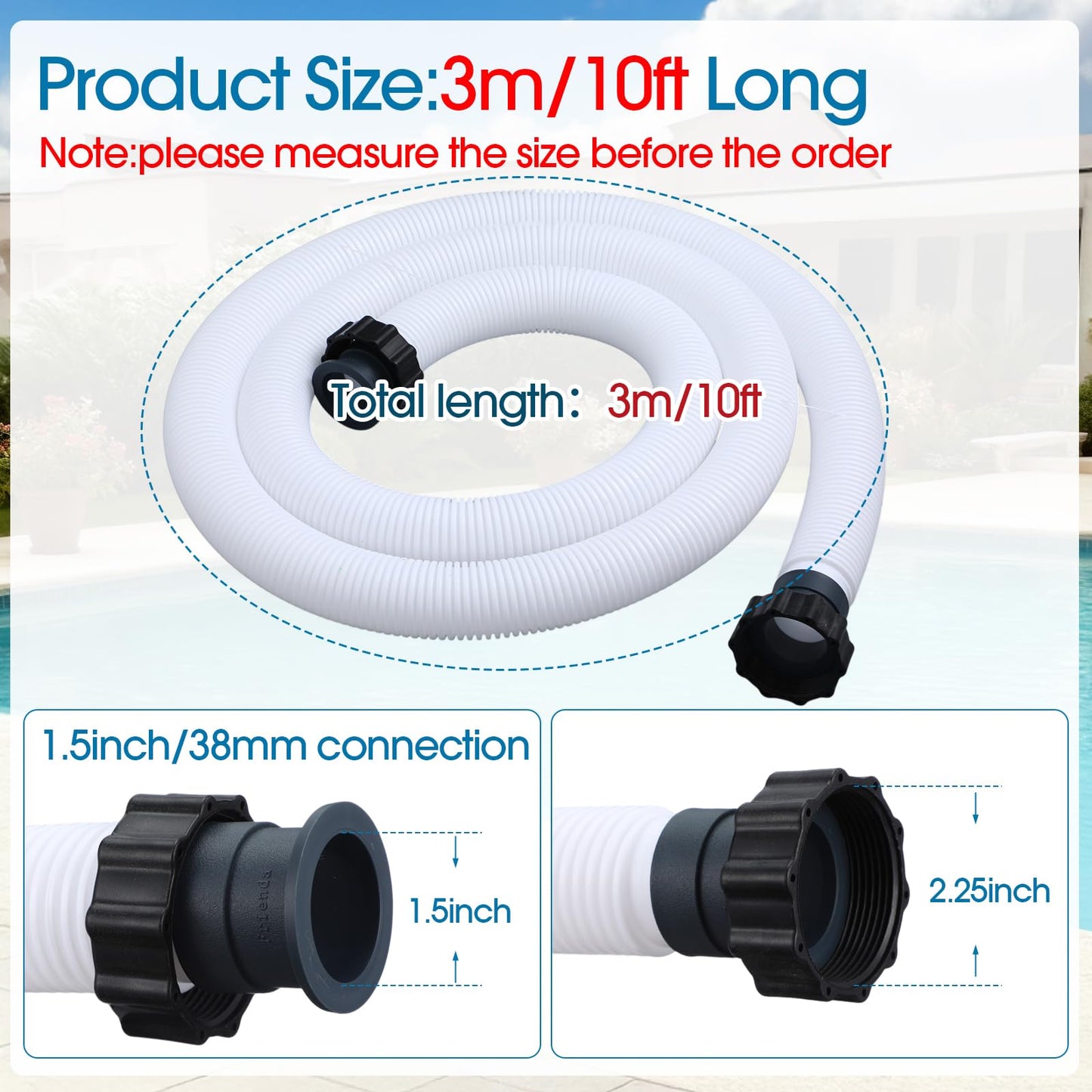 Frienda 10 ft Swimming Pool Replacement Hose - 1.5" Diameter Plastic Above Ground Hose Replacement Accessory for Home, Swimming Pool, Filter Pump, Saltwater Systems(White, Black)