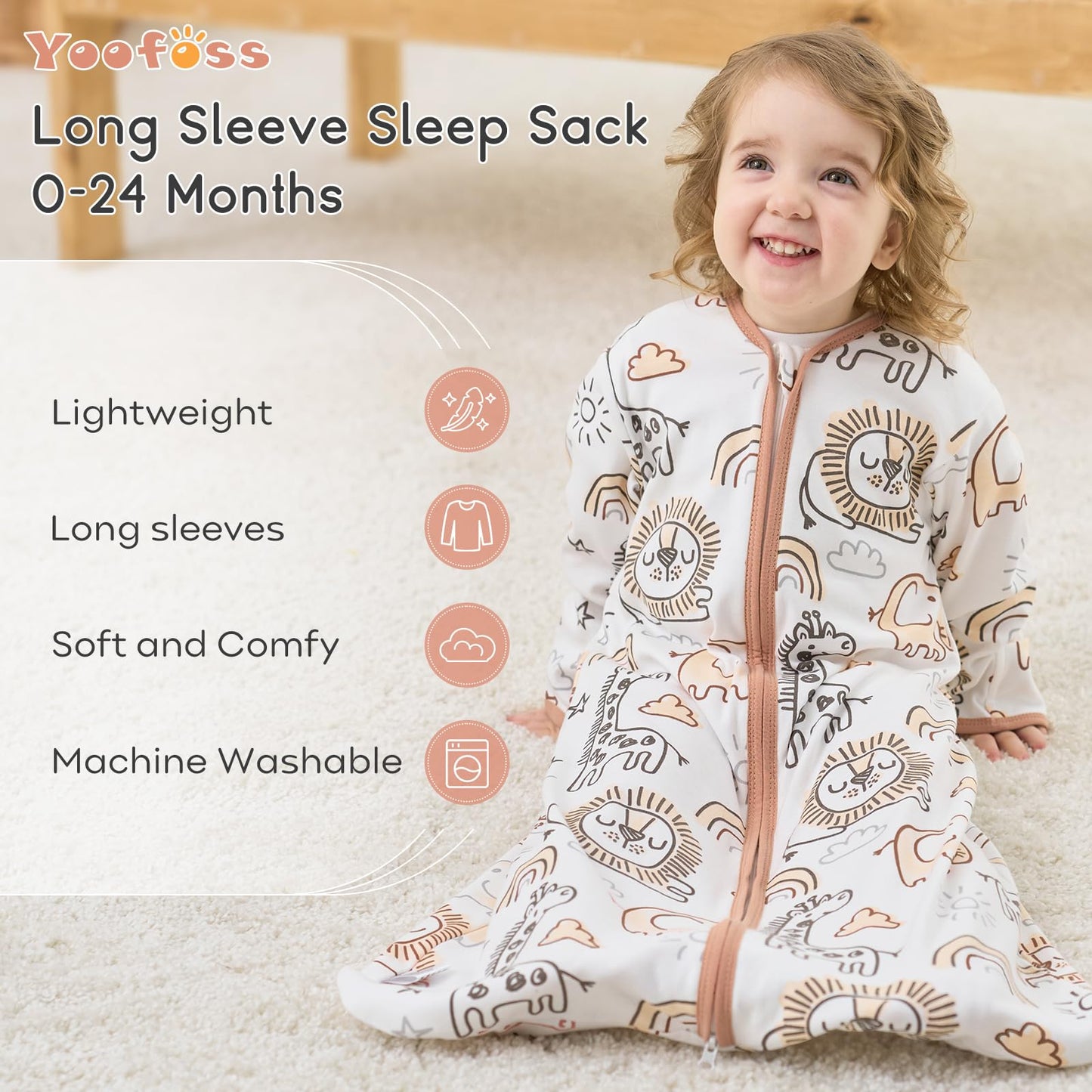 Yoofoss Baby Sleep Sack 6-12 Months Long Sleeve Wearable Blanket Baby 100% Cotton 2-Way Zipper 0.5 Tog Infants Sleeping Sack, Lightweight(Medium)