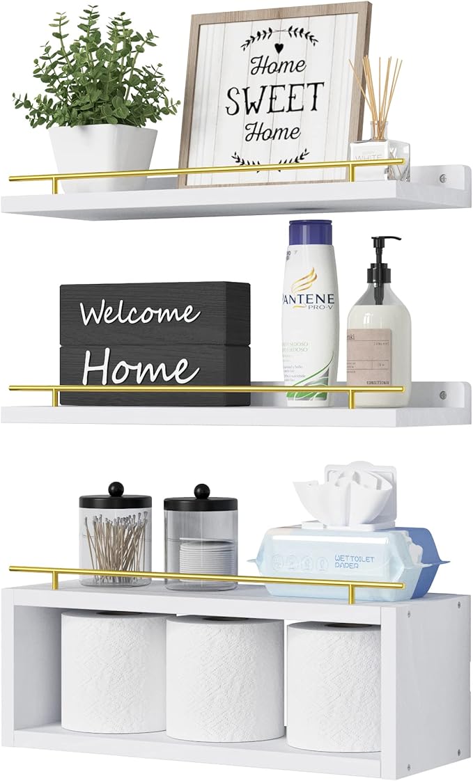 WOPITUES Floating Shelves for Wall with Cube Shelf, Wall Shelves with Metal Rail for Decor, Bathroom Organizers and Storage, Over Toilet Shelves for Bathroom, Toilet Paper-White&Gold