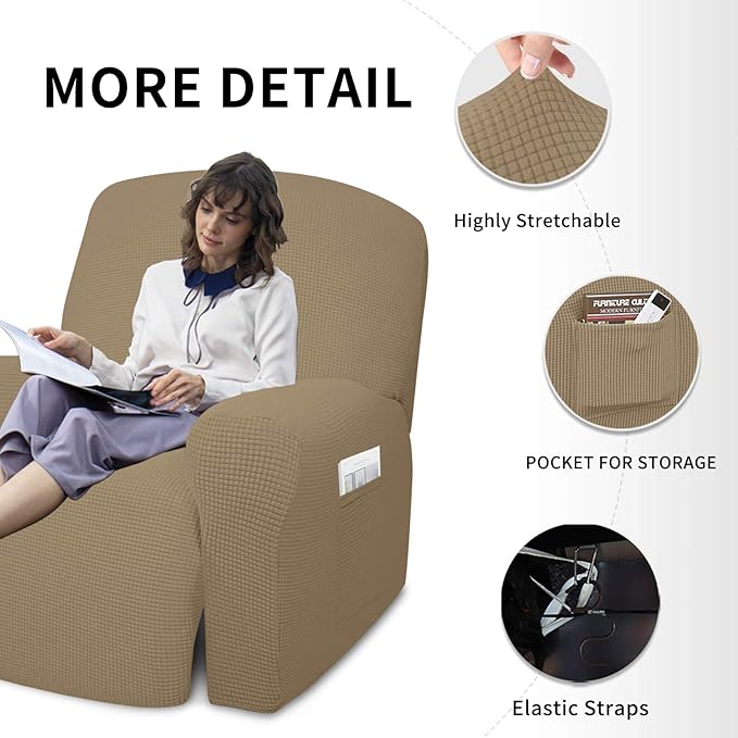 Easy-Going 4 Pieces Oversized Recliner Stretch Sofa Slipcover Sofa Cover Furniture Protector Couch Soft with Elastic Bottom Polyester Spandex Jacquard Fabric Small Checks Tan,X-Large