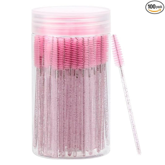 100 Pcs Disposable Mascara Wands, Crystal Eyebrow Spoolies Brush for Eyelash Extensions, Pink Lash Brushes with Container