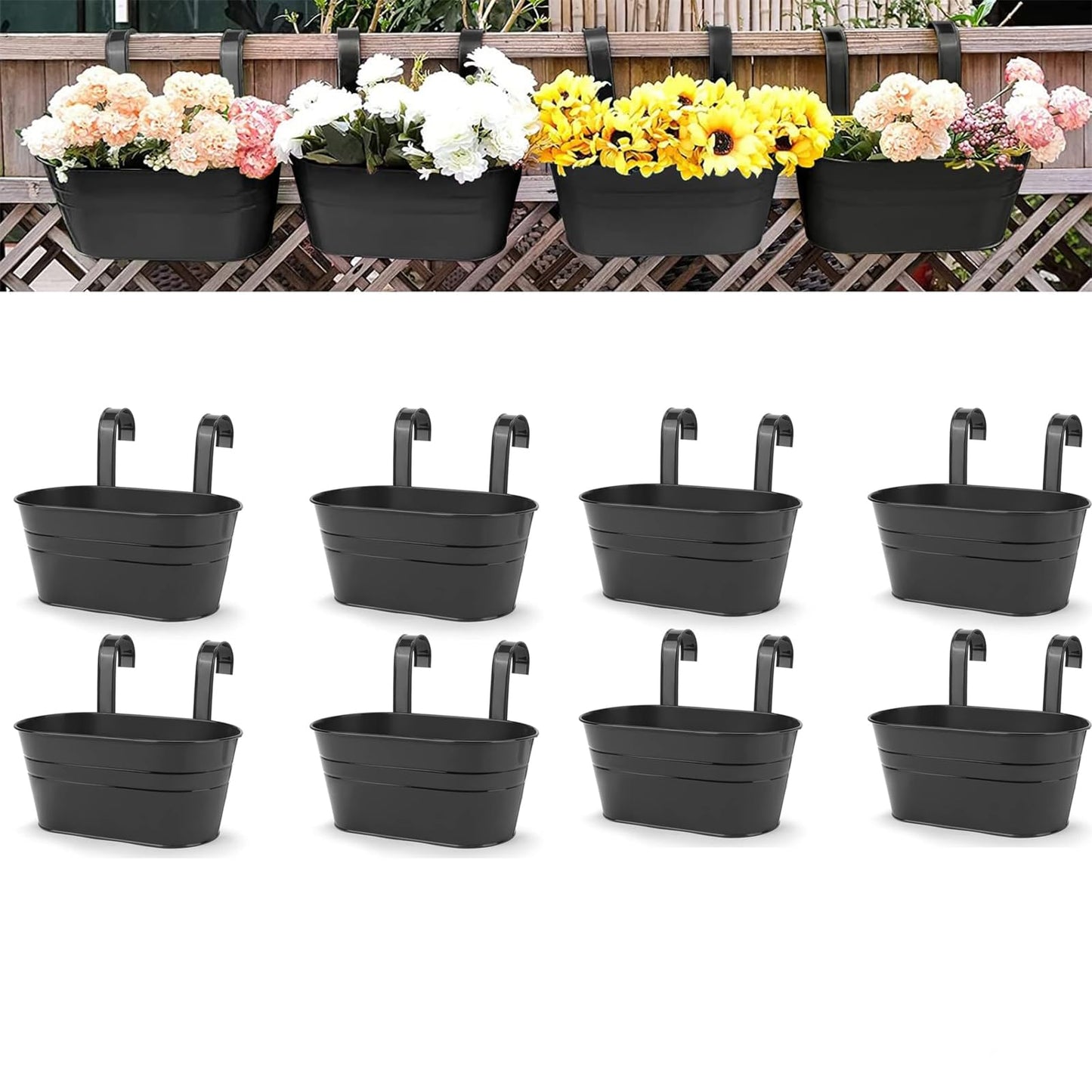 OGIMA 8pcs Hanging Planters Flower Pots, Metal Iron Wall Planter Indoor/Outdoor for Railing Balcony Garden Home Decoration with Detachable Hooks