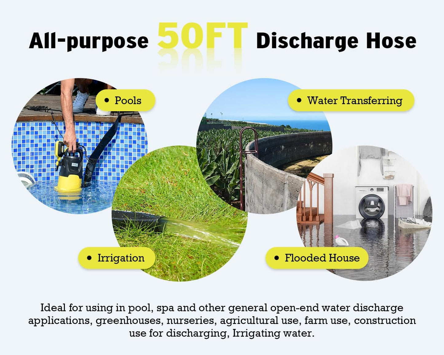 6699 Discharge Hose 1-1/2-Inch by 50-foot Sump Pump Hose with 2pcs SUS 304 Clamps Pool Backwash Hose for Draining/Removing Water Lay Flat Hose 1550