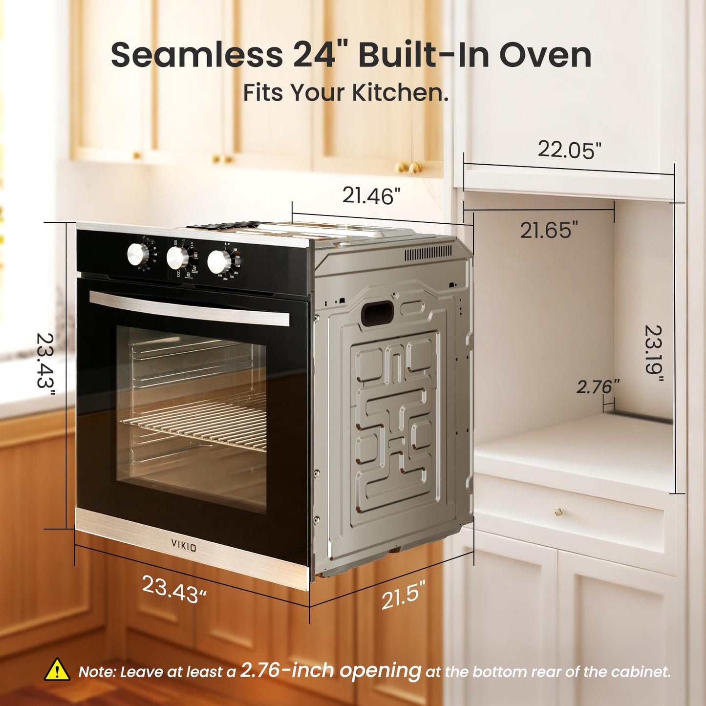 VIKIO HOME Single Wall Oven 24", 2.83 Cu.Ft-80L with 8 Functions Built-in Electric Ovens, 240V, 3220W Fast Preheat, Mechanical Knob Control for Easy Cooking