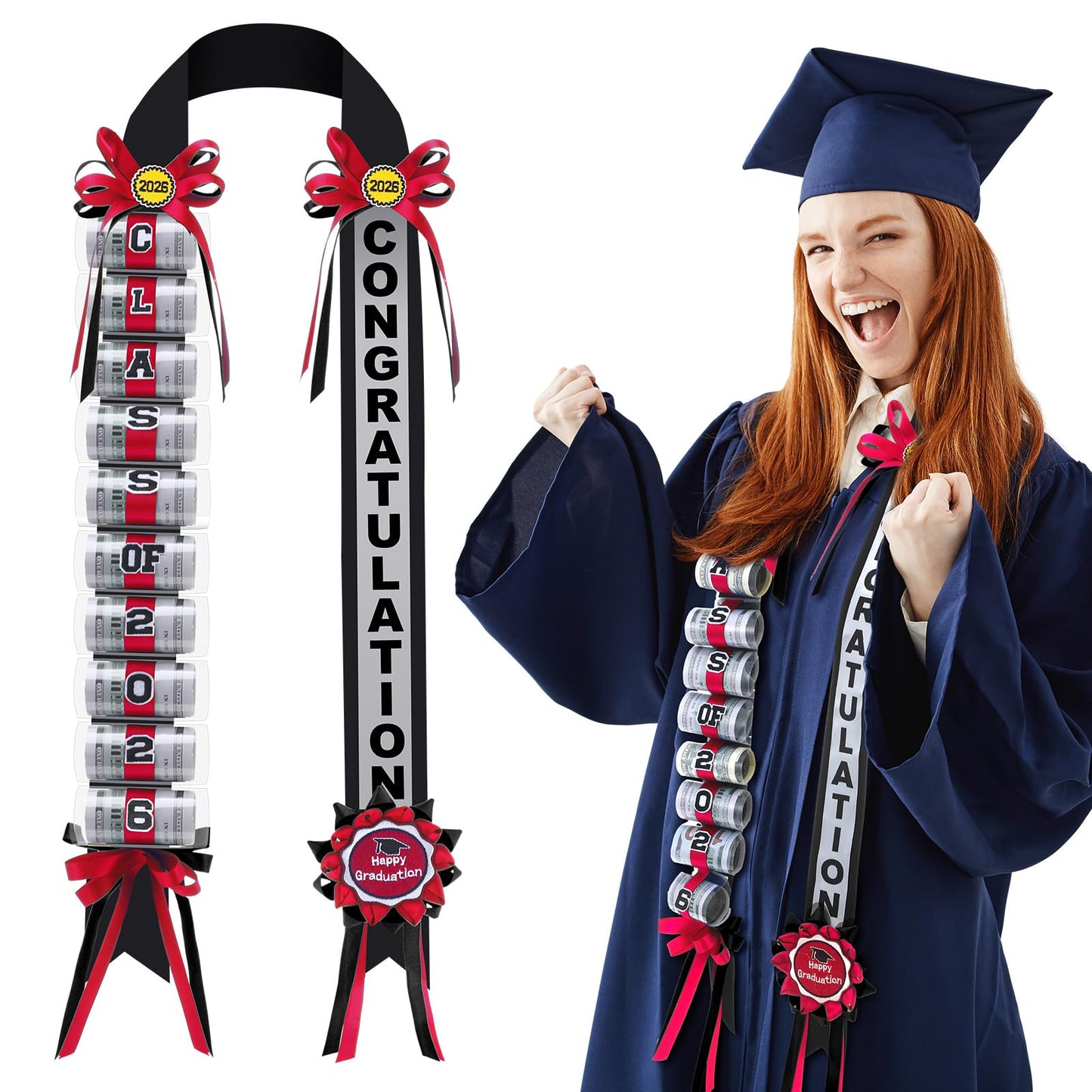 Lyrow Graduation Money Lei Class of 2026 Ribbon Lei Gift Graduation Cash Gifts Pull Ideas for High School College Party Supplies(Red and Black,Classic)