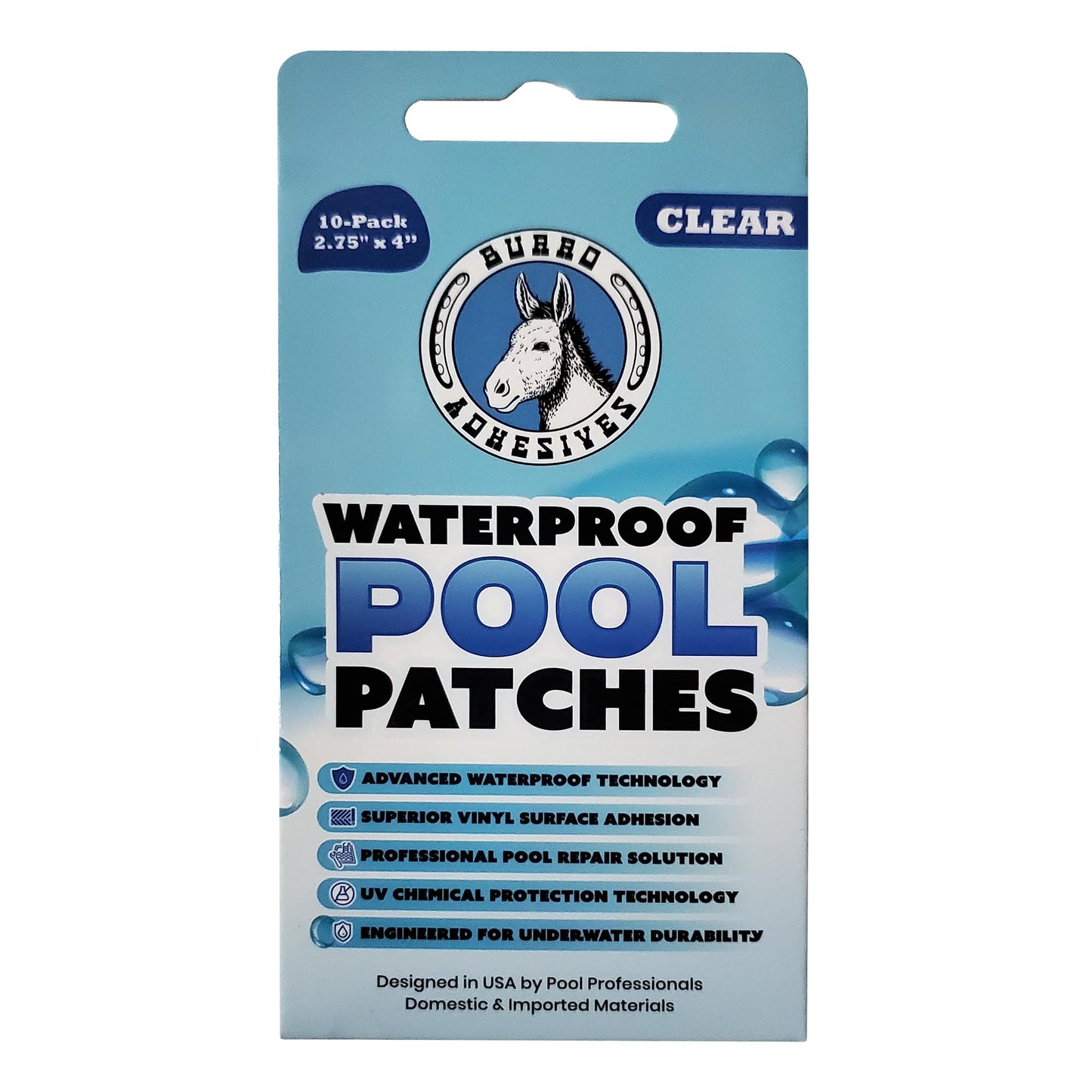 Burro Adhesives 10-Pack Waterproof Clear Pool Tape Patches - Professional Grade PVC Repair Kit with 2.75" x 4" Heavy Duty Patches for Commercial & Residential Vinyl Pools, Works Underwater & Dry