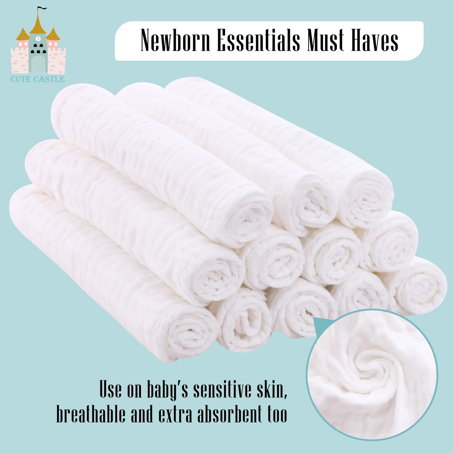 Cute Castle 24 Pack Muslin Baby Burp Cloths - Ultra-Soft 100% Cotton Baby Washcloths - Large 20'' by 10'' Super Absorbent Milk Spit Up Rags - Burpy Cloths for Unisex, Boy, Girl - White