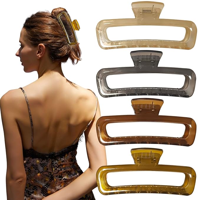 5 Inch Large Hair Claw Clips, No Slip Glossy Jelly Square XL Clips for Thick Long Curly Hair, Women's Big Rectangle Strong Clips, 4 Pack