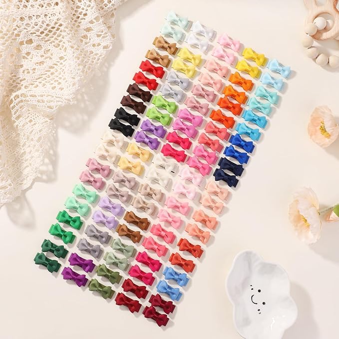 yoyokid 100PCS Baby Girls Snap Hair Clips, 1.2" Grosgrain Ribbon Tiny Hair Bows Clips for Baby Girls Toddlers Infant Fine Thin Hair (50 Colors in Pairs)