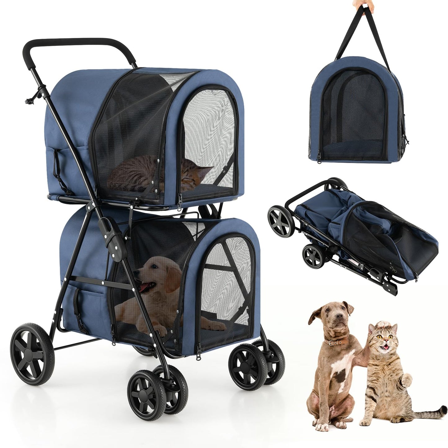 HAPPAWS Dog Stroller with 2 Detachable Carrier, Pet Stroller for Small Medium Dogs Cats, Jogger/Travel/Camping, 4-in-1 Doggy Pet Carrier, Carrier Strolling Cart with Lockable Wheels, Navy Blue
