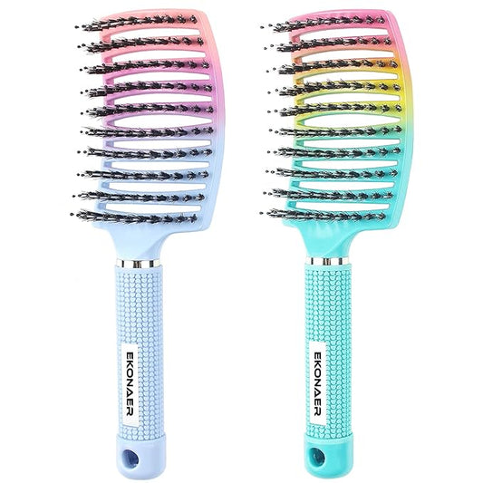 2 Pack Detangling Brush Getting Knots Out without Pain Adds Shine and Makes Hair Smooth,Detangler Boar Bristle Hair Brush for Adult & Kids Wet or Dry Hair(Green&Blue)