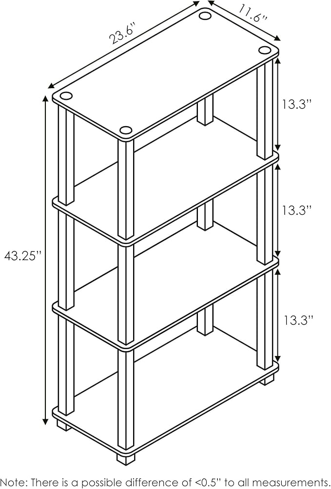 Furinno TURN-S-TUBE Storage Shelves, 4-Tier Book Shelf, Corner Shelf, Toolless Open Shelves, for Organization and Storage, Living Room, Garage, Home Office, Walnut