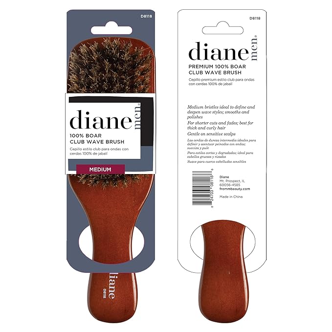 Diane Premium 100% Boar Bristle Club Wave Brush for Men and Barbers – Medium Bristles for Thick Coarse Hair – Use for Detangling, Smoothing, Wave Styles, Soft on Scalp, Restore Shine and Texture