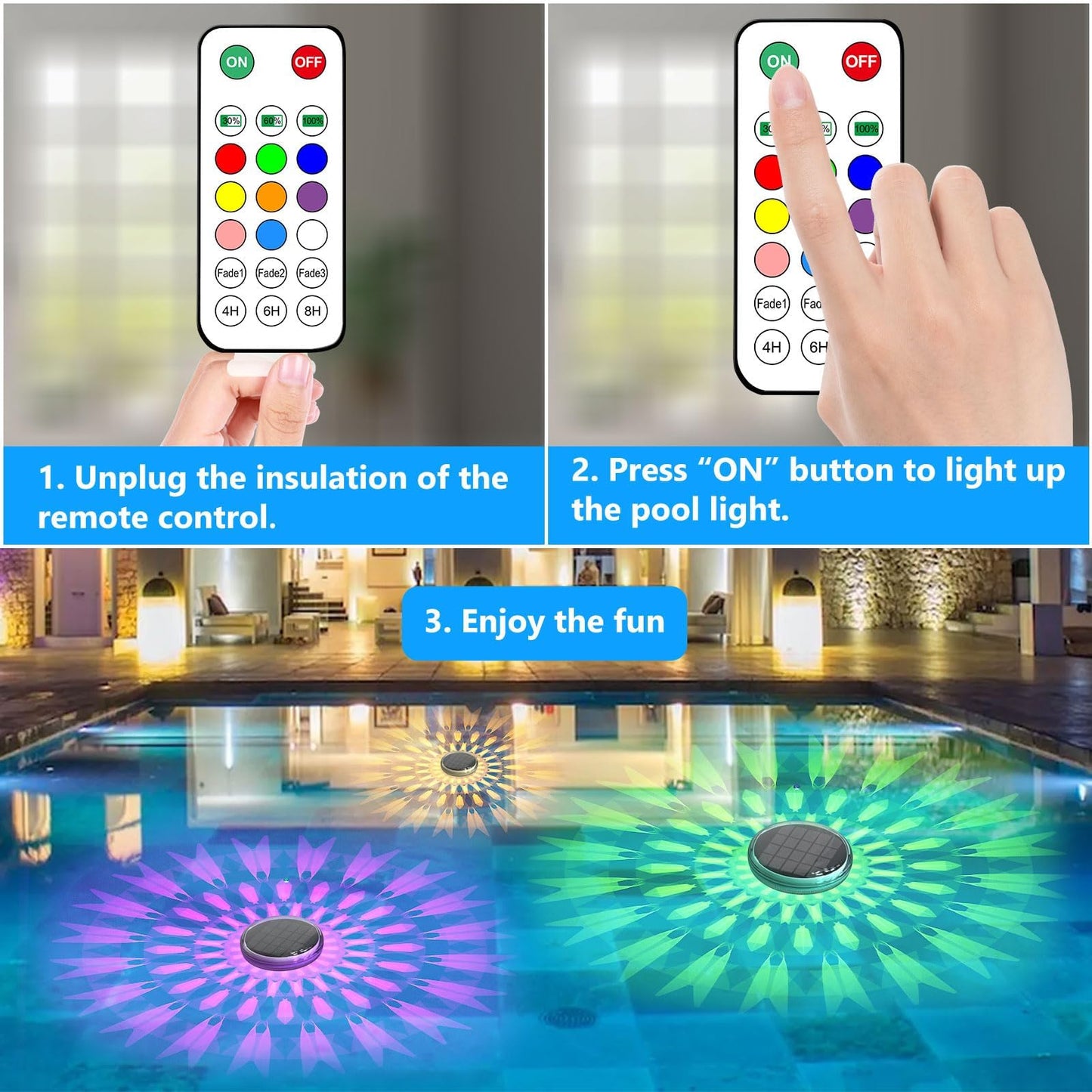 Solar Powered Floating Pool Lights(4 Pack), Pool Lights That Float with Remote Control, 12 Lighting, Timing Mode, IP67 Waterproof for Inground/Above Ground Pool, Pool Party, Bathroom, Bathtub, Garden