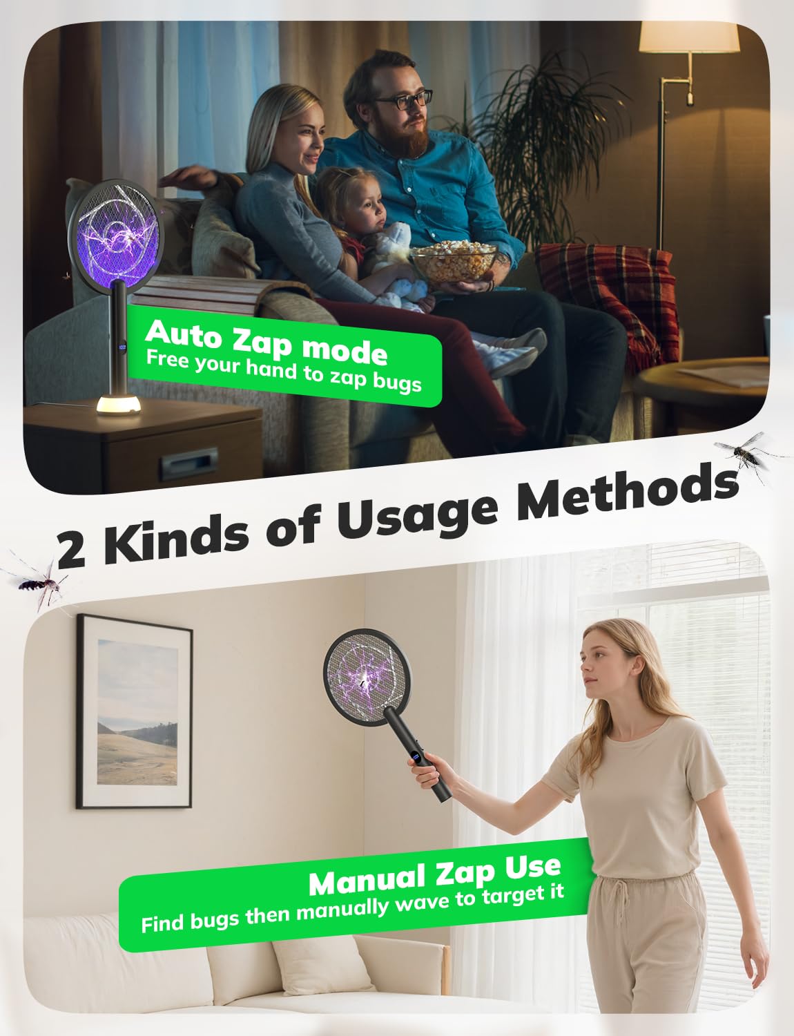 YISSVIC Electric Fly Swatter Bug Zapper Racket 4000V LED Screen Dual Modes Fly Zapper Rechargeable for Indoor Home Office Backyard Patio Camping (Black)