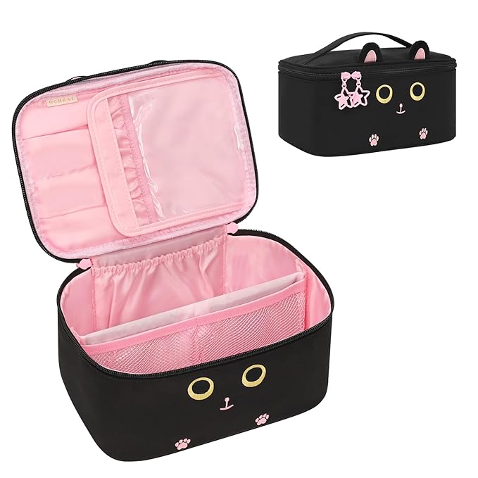 OCHEAL Makeup Bag,Travel Makeup Organizer Bag, Cute Cosmetic Bags for Women Girls Travel Toiletry Bag Traveling With Brush Slot And Divider-Cat